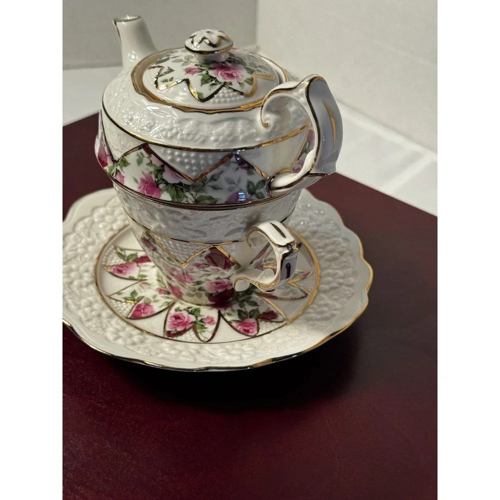 4 piece Grace teaware tea for one Rose Floral Teapot Cup Saucer & cookie‎ tray